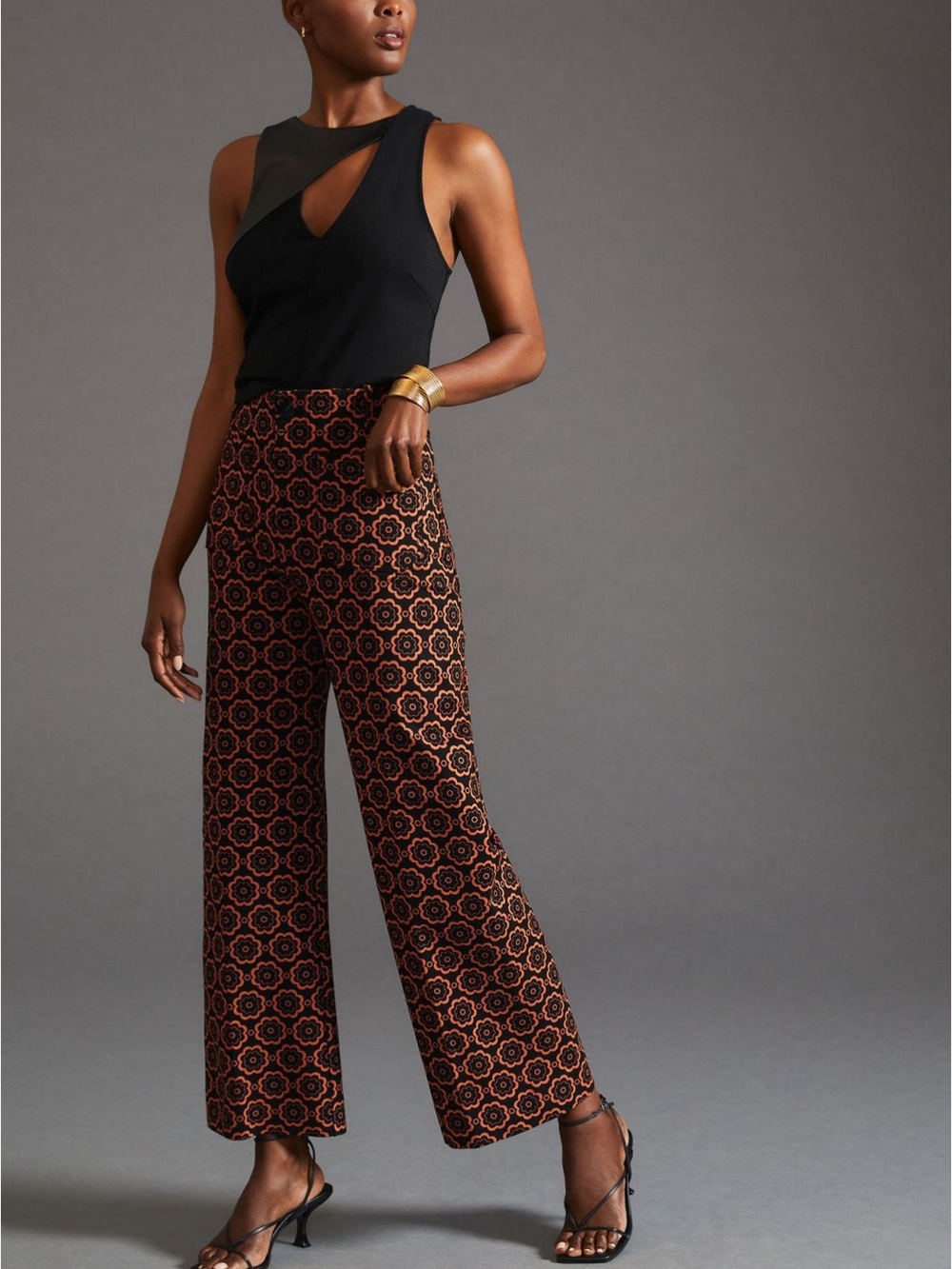 Anthropologie Maeve Pants Colette Wide Leg Cropped in Black Orange Floral Motif